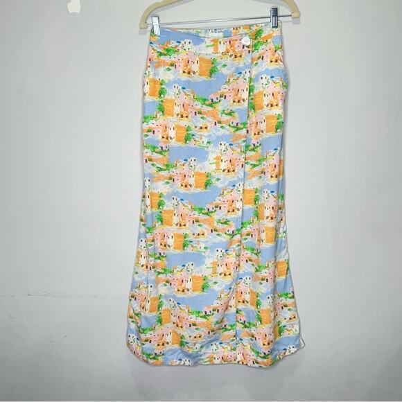 🍁 Cynthia Rowley Linen Blend Novelty Coastal Vacation Print True Wrap Midi Skirt - Picture 2 of 13